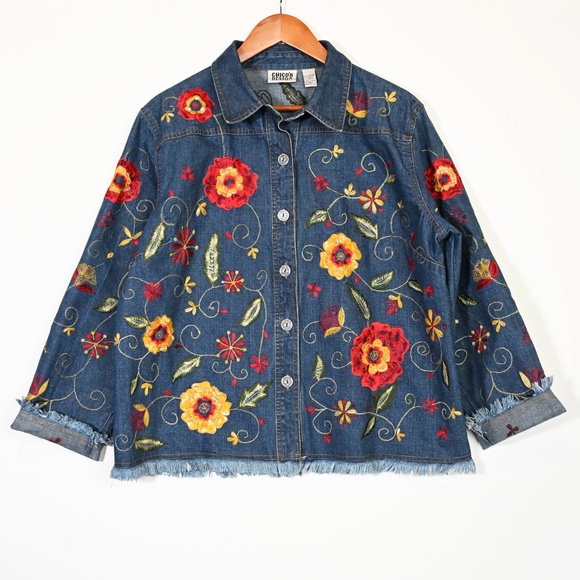 Chico’s Beautiful Whimsical Vibrant Floral Embroidered Denim jacket Sz 3 / XL/16 - Picture 10 of 12